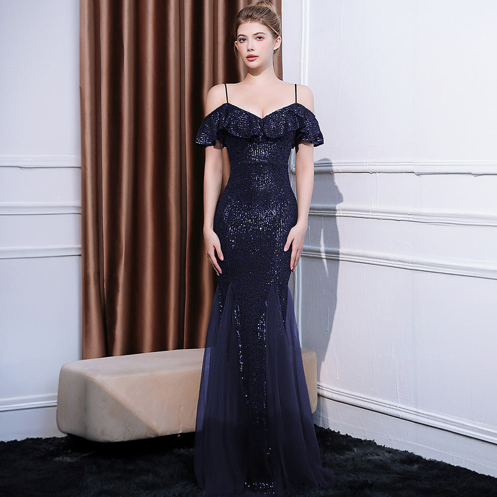 2025 Evening dress dress women's light luxury high-end temperament simple banquet socialite sexy backless suspender long fishtail dress