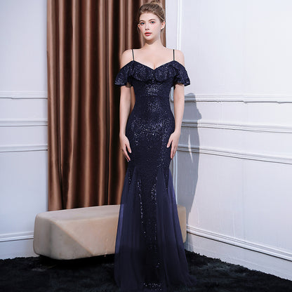 2025 Evening dress dress women's light luxury high-end temperament simple banquet socialite sexy backless suspender long fishtail dress