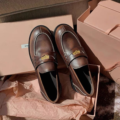 2025 Cowhide version~ Xingshengda shoes make old horse leather retro polished small gold coins thick heel loafers women's small leather shoes