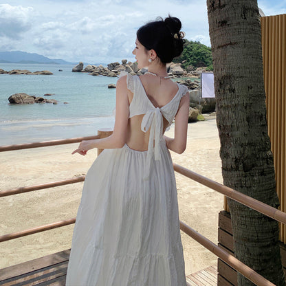 2025 sweet little flying sleeve dress women's summer square collar back strap design seaside vacation suspender dress