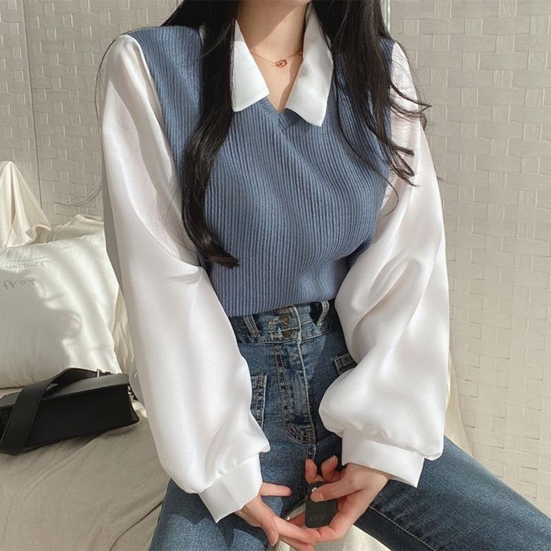 jinran outfit Fake Two-Piece T-shirt for Women 2024 New Stitching Polo Collar Long-Sleeved Sweater Chubby Girl Loose Contrast Color All-Match Top Fashion