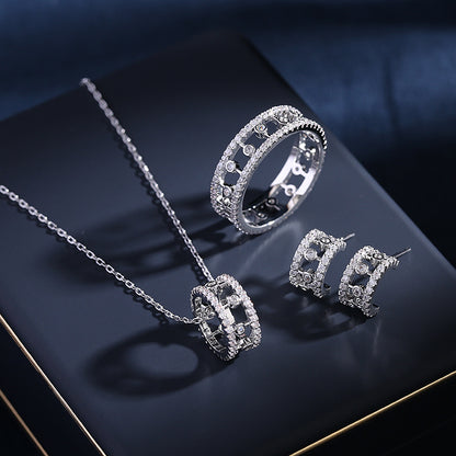 2025 Niche design high-end hollow ring clavicle chain zircon inlaid ring semi-round C-ring stud earrings jewelry set