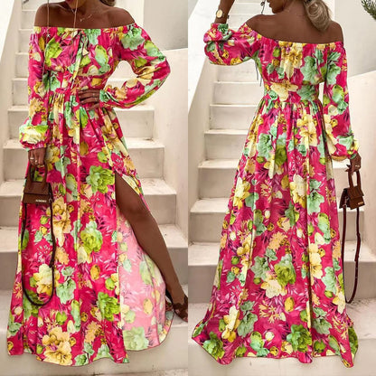New summer new  bohemian vacation style one-word collar big swing dress fashion printed dress