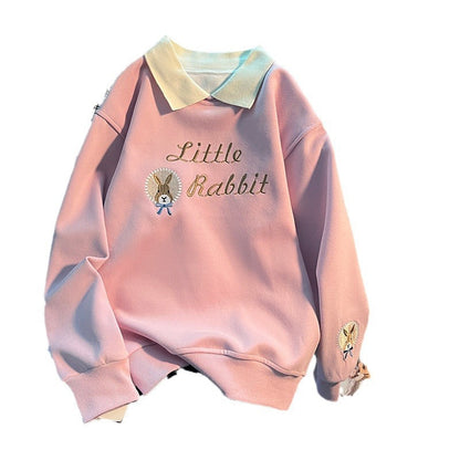 jinran clothes Internet Celebrity Girls' Korean-Style Loose Lapel Long-Sleeved Top for Middle and Big Children Spring and Autumn New Fashionable Fashionable Sweater with Letters