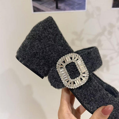 2025 thick heel velvet Mary Jane fluffy shoes women's shoes popular autumn and winter with skirt evening shoes rhinestone shoes
