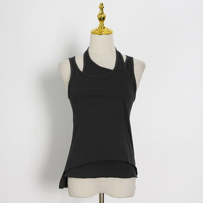 2025 new commuter trend irregular fake two-piece sling vest women's round neck inner top T-shirt women's trend