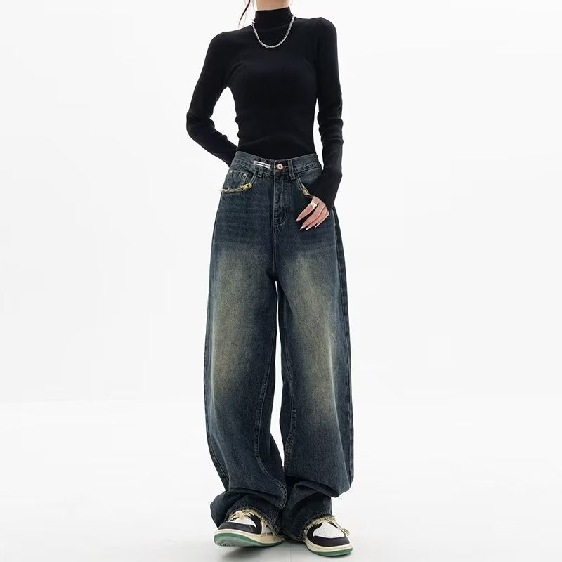 jinran 2000s fashion Harajuku Fashion High Waist Women's Spring and Autumn New All-Match Zipper Light Color Washed Trendy Jeans Simple Straight Pants