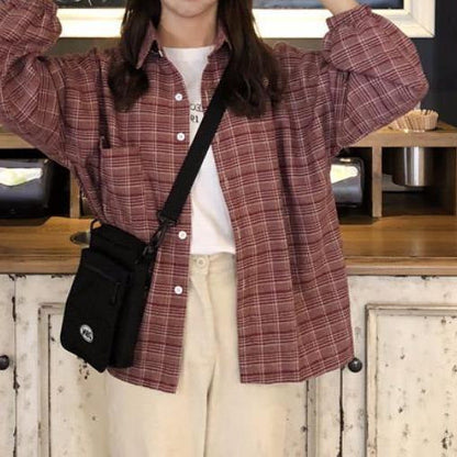 jinran 90s streetwear Plaid Shirt Chic Korean Style Loose Autumn New Preppy Style Lantern Sleeve Mid-Length Lapel Women's Shirt Fashion