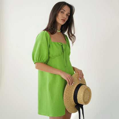 2025 summer new  fashion women's doll skirt bubble sleeve bow lace-up design dress women