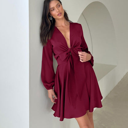 2025 fashion sexy V-neck lantern sleeve satin fabric dress loose long sleeve lace-up short skirt women's solid color