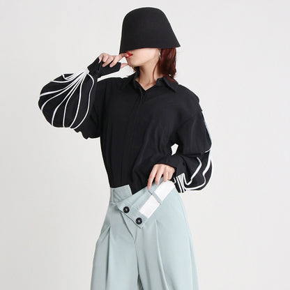 2025 Niche design retro personalized shirt  spring new fashion lapel lantern sleeve striped loose top women