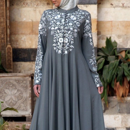 new New   dress ethnic style women's clothing long-sleeved printed stand-up collar big swing dress