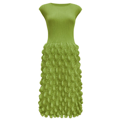 2025 summer new spot bubble pleated long dress slim pleated women's clothing solid color niche handmade sleeveless dress