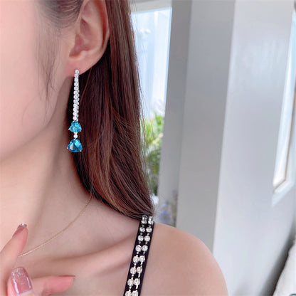 2025 S925 silver needle zircon inlaid earrings niche design love-shaped earrings removable two long fringed earrings