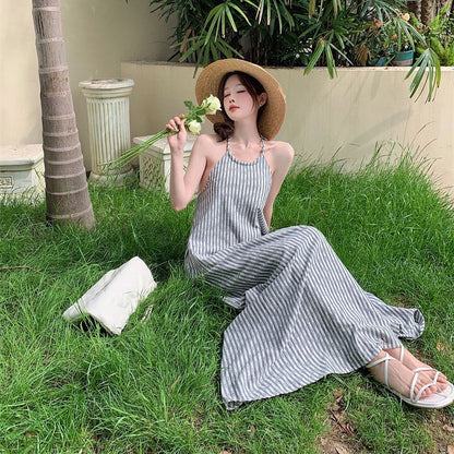 2025 neck dress women's summer new high-end cotton and linen stripes loose and thin backless long skirt
