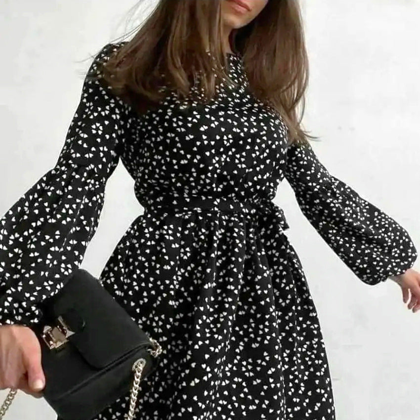 2025 popular spring fashion wildberries sexy temperament round neck lantern sleeve print dress New women