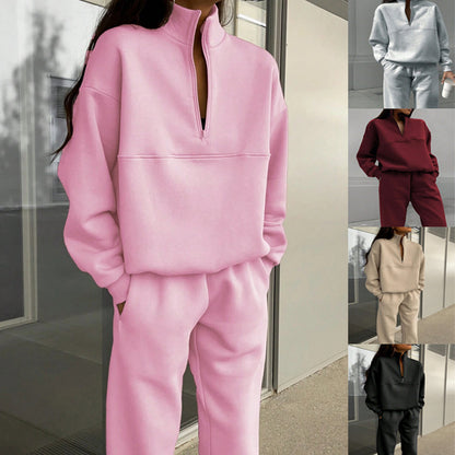 2025 Popular, ,  New autumn and winter new fashion zipper lapel solid color casual two-piece set