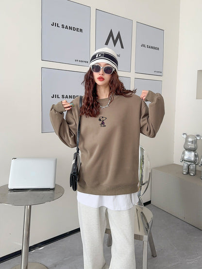 jinran non binary outfits Cartoon Embroidery 2024 Chinese Cotton Composite Milk Silk Korean Ins Style Western Style All-Match Loose Casual Sweater for Women