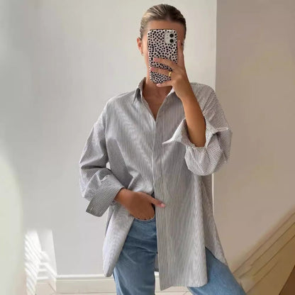 jinran masc outfits Autumn New Blue Striped Shirt Top Simple Advanced Sense Street Long Sleeve Cardigan