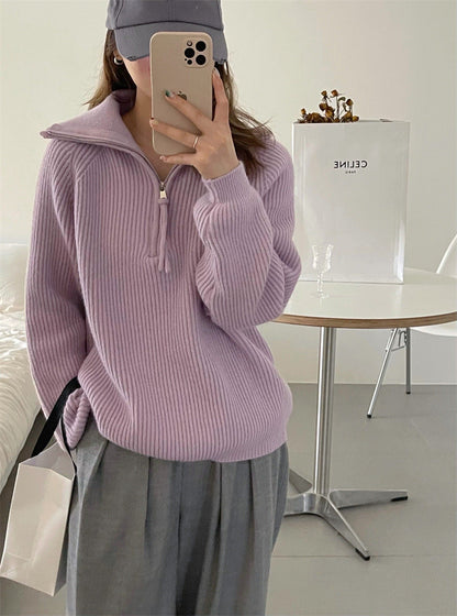 jinran mens fashion Korean Style Half Zipper Sweater Women's Autumn and Winter New Style Pit Design Sense Stand Collar Soft Glutinous Loose Outer Wear Sweater Top