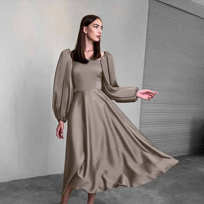 2025 Spring  New sexy temperament party evening dress fashionable satin satin square neck bubble sleeve dress