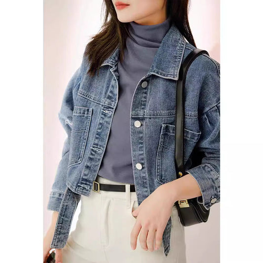 jinran fall 2024 fashion trends Denim Coat Short Ripped Loose Long Sleeve Spring and Autumn Jacket for Women Summer