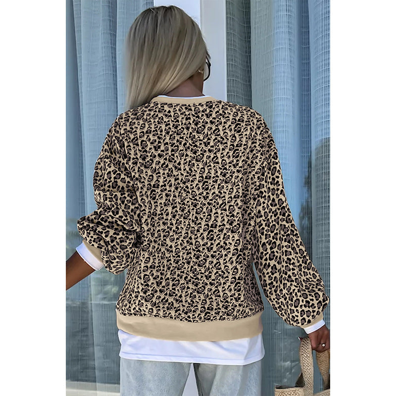 jinran frat outfits Personalized Leopard Print round Neck Sweater for Women 2024 Winter New Contrast Color Stitching Long Sleeve Pullover for Women