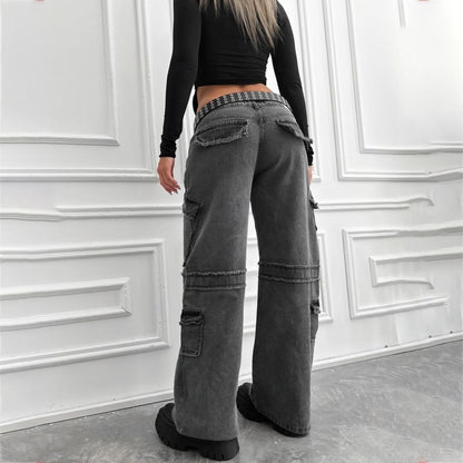 2025 n street style retro multi-pocket design jeans women's spring new Spice Girls old straight pants Popular trade