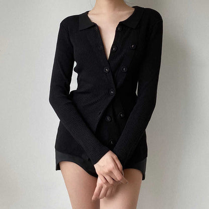 2025 Korean version of the design sense knitted sweater  spring new irregular double-breasted lapel solid color slim-fit cardigan sweater