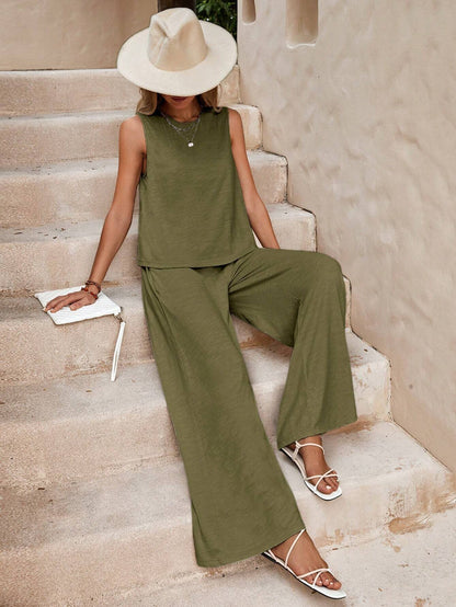2025 summer new two-piece set women's  trend versatile loose pullover round neck casual cotton set women