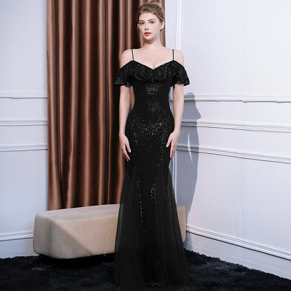 2025 Evening dress dress women's light luxury high-end temperament simple banquet socialite sexy backless suspender long fishtail dress