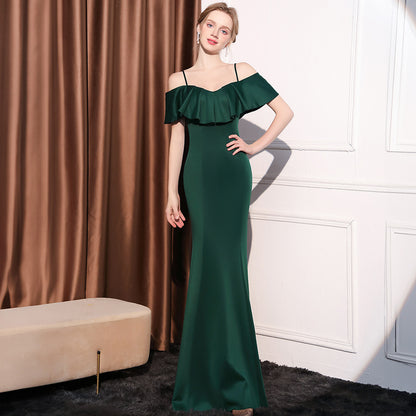2025 Evening dress women's light luxury high sense one word shoulder slim and thin temperament celebrity banquet long fishtail dress