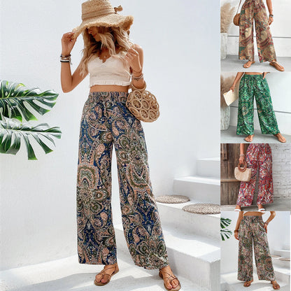 2025 Tiktoktemu  women's clothing  summer new fashionable versatile printed elastic waist wide-leg pants