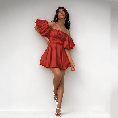 2025 summer new  bubble sleeve cotton and linen pleated princess dress small dress short sleeve one-word collar women's dress
