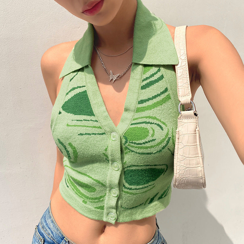 jinran 90s fashion men Spring and Summer New Irregular Pattern Halter Sexy Top Backless Cardigan Knitted Sling