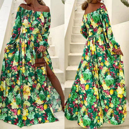 New summer new  bohemian vacation style one-word collar big swing dress fashion printed dress