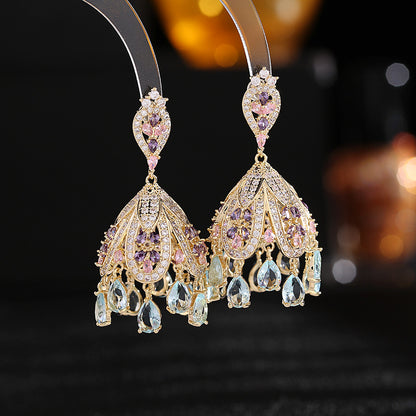 2025 court style exaggerated atmosphere heavy earrings s925 silver needle zircon inlaid high-grade chandelier wind chime earrings