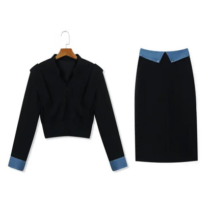 High-end fashion sports sweater set women's autumn Popularan casual long-sleeved splicing top skirt two-piece set