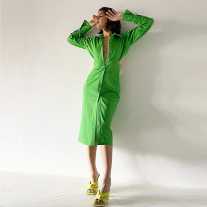 2025 autumn new green temperament waist hollow design shirt dress long sleeve medium and long dress bow women