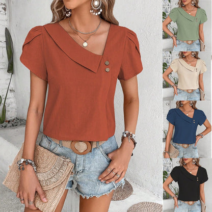 2025 tiktoktemu  women's clothing  summer new small oblique collar solid color washed cotton top women
