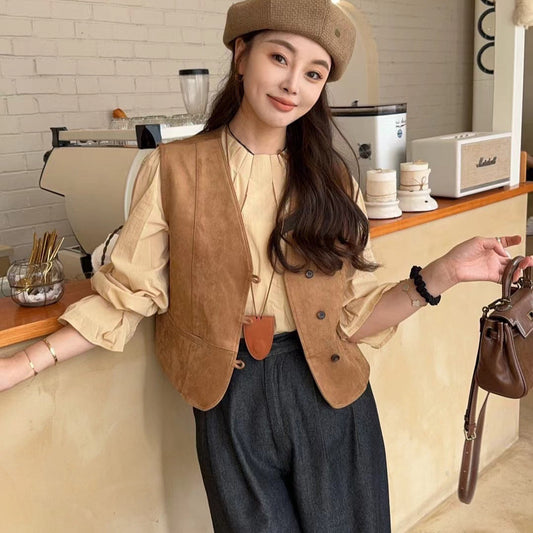 jinran fall 2024 fashion trends Small Retro Buckle Suede Autumn New Vest Women's Korean-Style Fashionable V-neck Vest