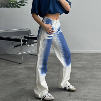 2025 New n high street retro niche printing design sense jeans slim trend personalized high waist straight pants women