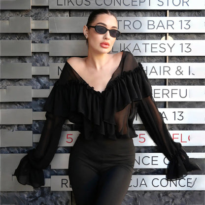 2025 Popular trade deep V-neck ruffle edge long-sleeved chiffon top femininity high-end new irregular chiffon shirt