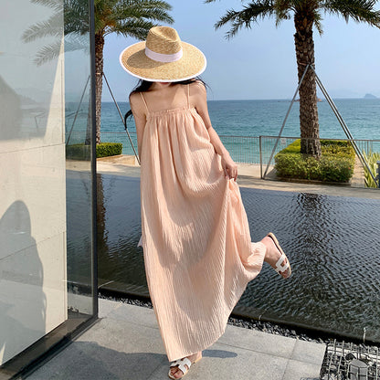 2025 Gentle and lazy sea breeze, thin shoulder straps, elegant and white, Popular style vacation style, loose texture, suspender, long dress woman