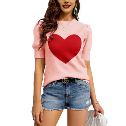 new  Popular trade New crew neck knitted sweater women's contrasting color love short-sleeved women's pullover sweater