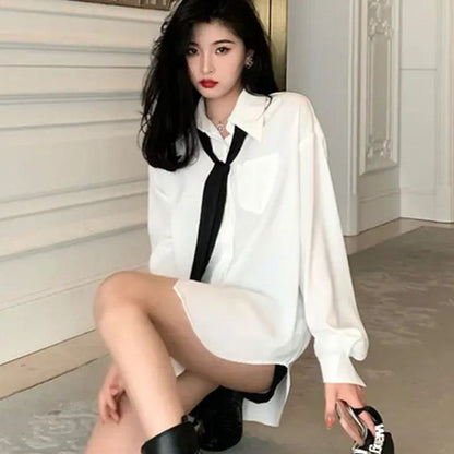 jinran men in black costume 2024 New Style with Tie Spring and Autumn Summer White Top Mid-Length Loose Shirt Women's Thin Shirt