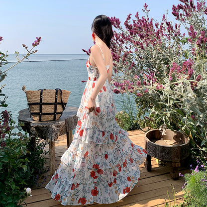 2025 Sanya vacation photo summer new suspender floral dress 2025 summer pendulum  cake dress