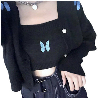 jinran clothes Autumn New Korean Style Preppy Style Butterfly Embroidered Princess Sleeve Short Sling Coat Two-Piece Cardigan for Women