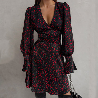 2025 Floral sexy V-neck waist  long-sleeved dress   new autumn fashion Popular trade short skirt women
