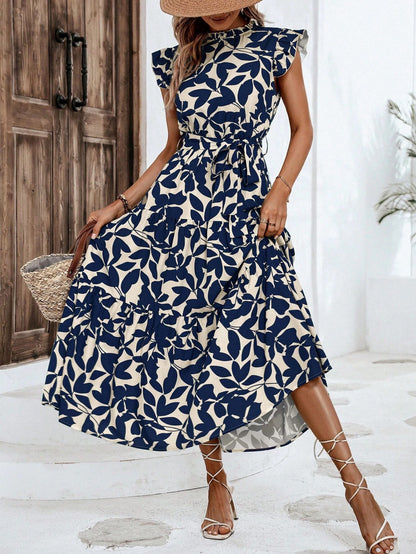 2025 Popular, ,  New women's clothing summer new fashion fungus edge flying sleeves lace-up printed fairy skirt